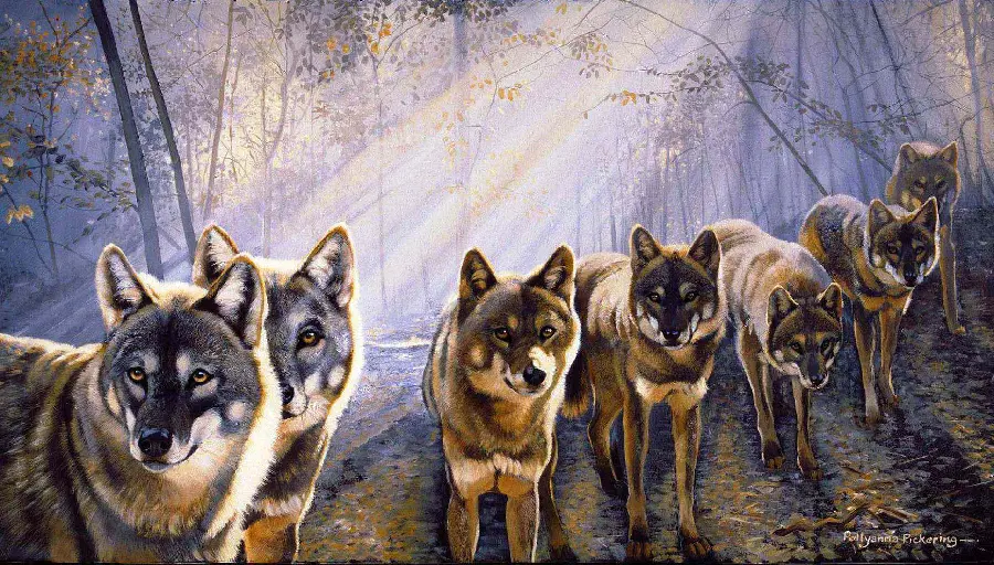 Masterpiece painting with a pack of wild wolves with an attractive color theme 