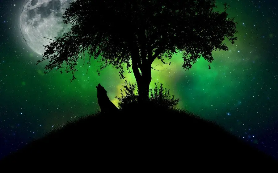 Moon and wolf background with a magnificent green and black theme 