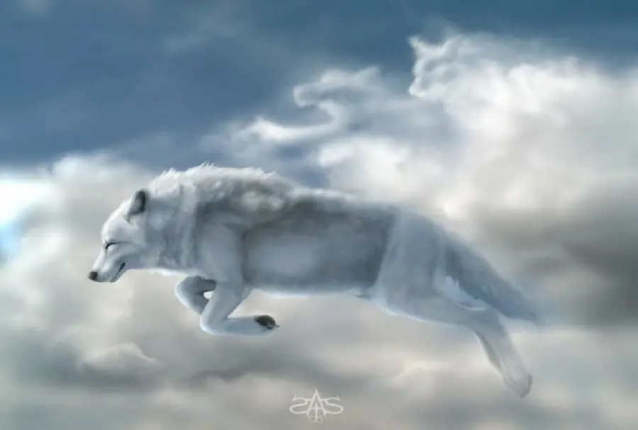 Amazing graphic image of a white wolf in a cloudy sky