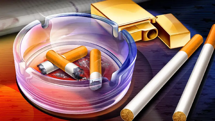 Download unique fantasy wallpaper of smoke from 3 cigarettes, a glass ashtray and a golden lighter and two raw cigarettes
