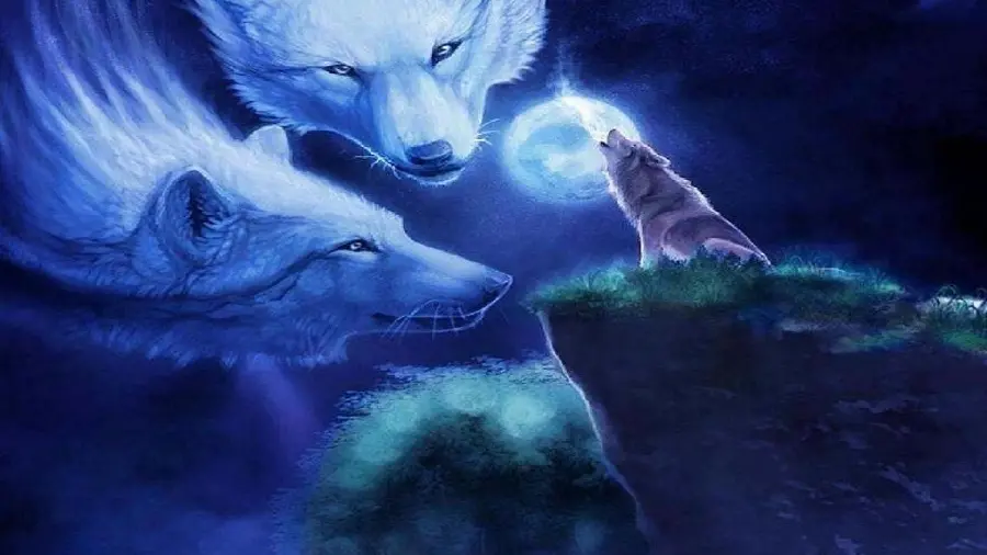 A unique and strange wallpaper of a wolf and the moon in 8k quality 