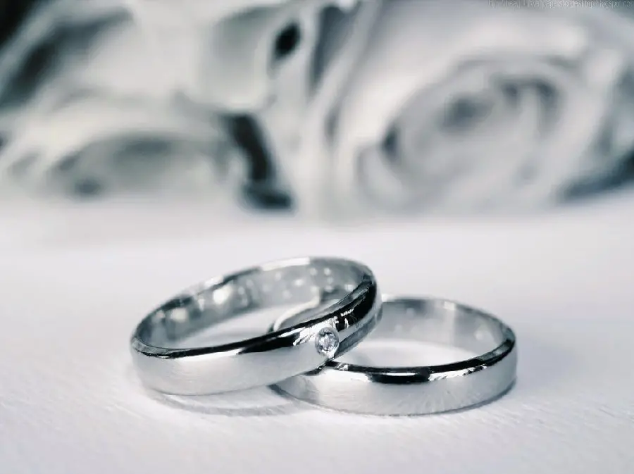 Stylish stock photo of two simple set rings, one with a small diamond, made of white gold