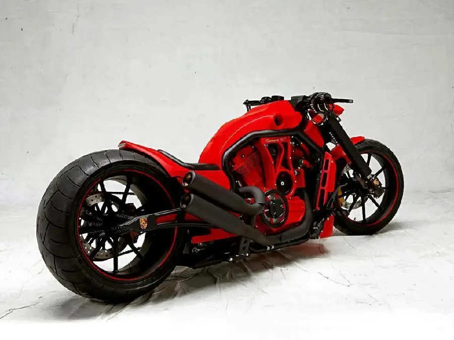 Stylish background image of new and heavy custom motorcycle with 2 colors combined black and red with excellent quality