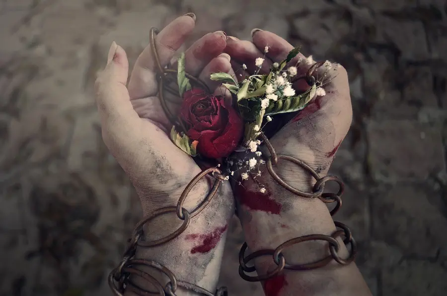 Wallpaper of bloody hands in chains with a rose in hand