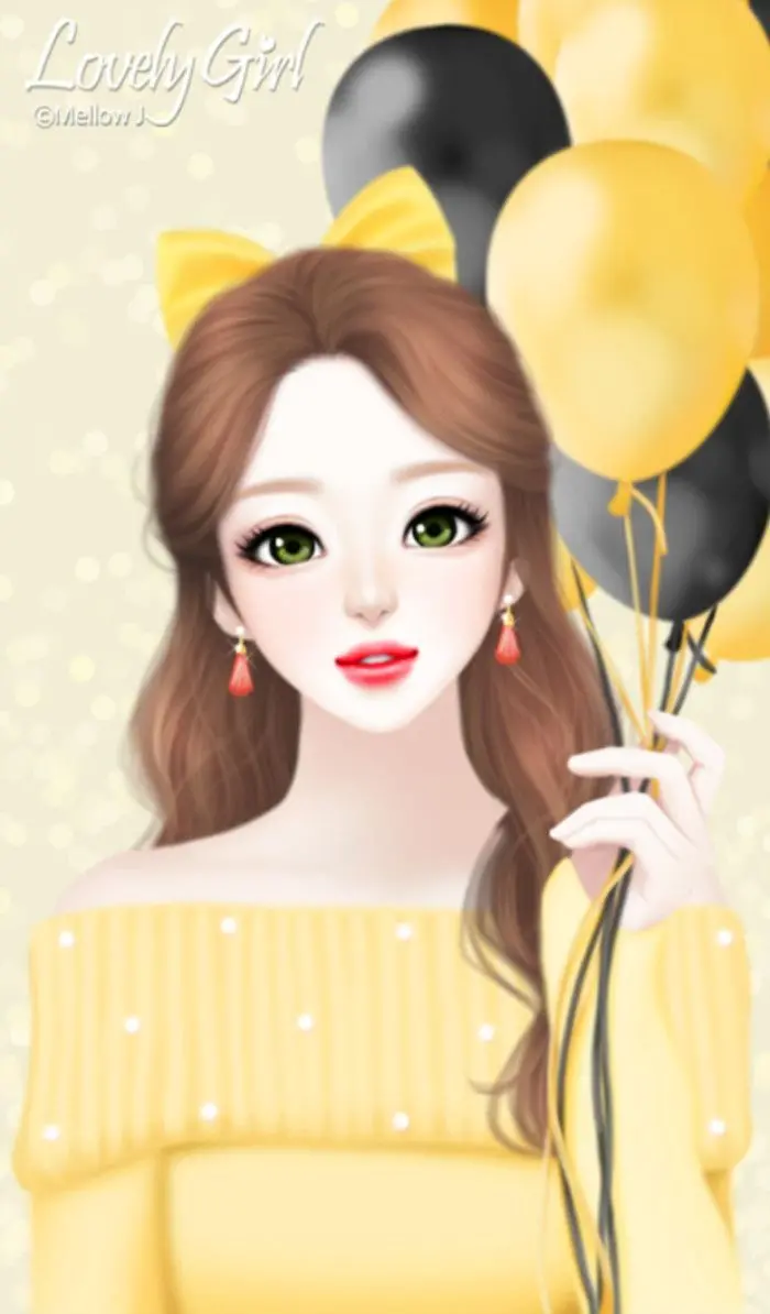 Stock image of a charming girl with black and yellow balloons in her hand and a yellow dress and beautiful hair
