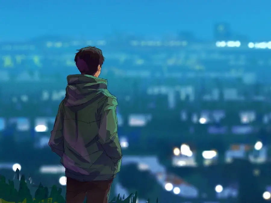 Blurred fantasy image of a boy in green clothes watching a scene alone