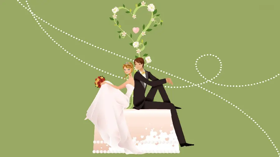 Sparkling background of bride and groom sitting on cake with green heart behind them