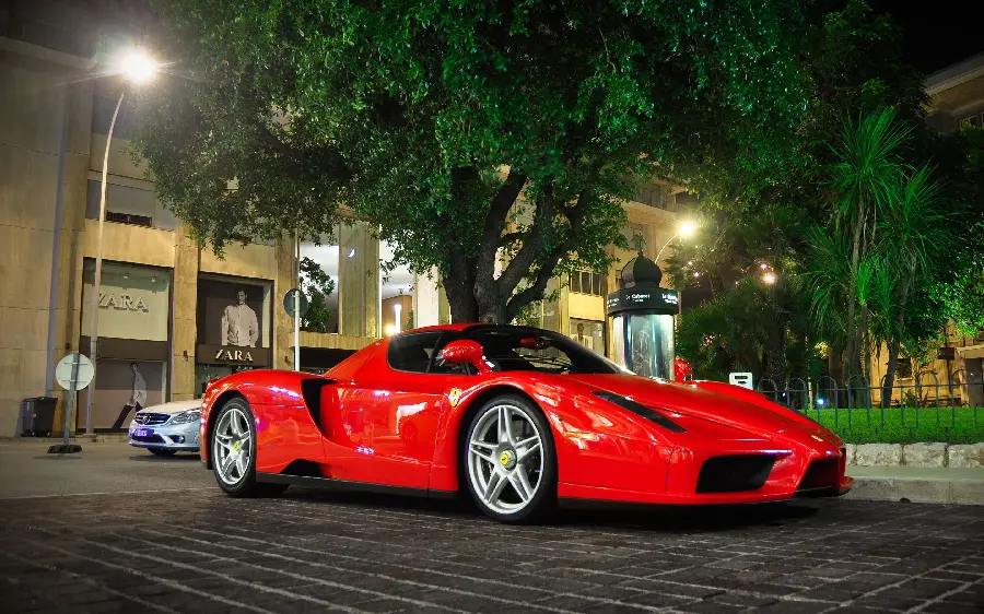The most beautiful background of a Ferrari Enzo next to the trees in the park