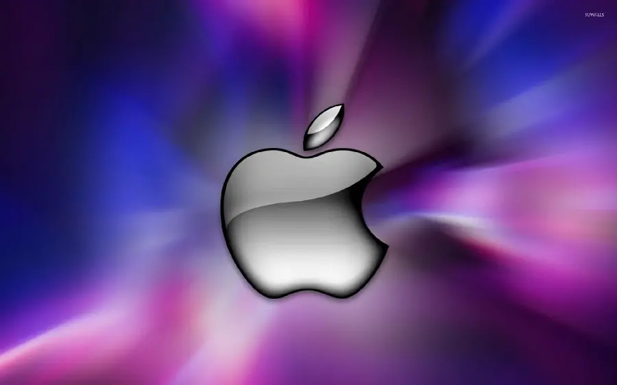 Download a picture of a bitten apple in gray with black around it with a colorful background