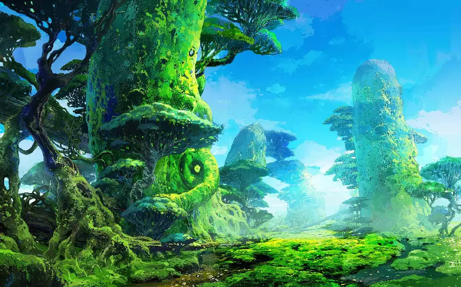 Beautiful and artistic nature fantasy wallpaper of mountains and forests for gamers