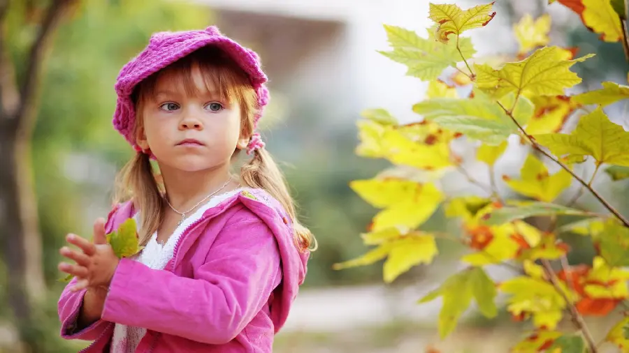 New autumn wallpaper of a little girl in a pink dress 