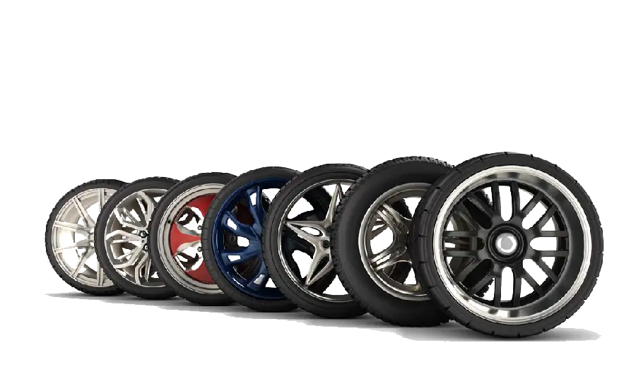 Awesome image of various types of sports car rims with a completely white background