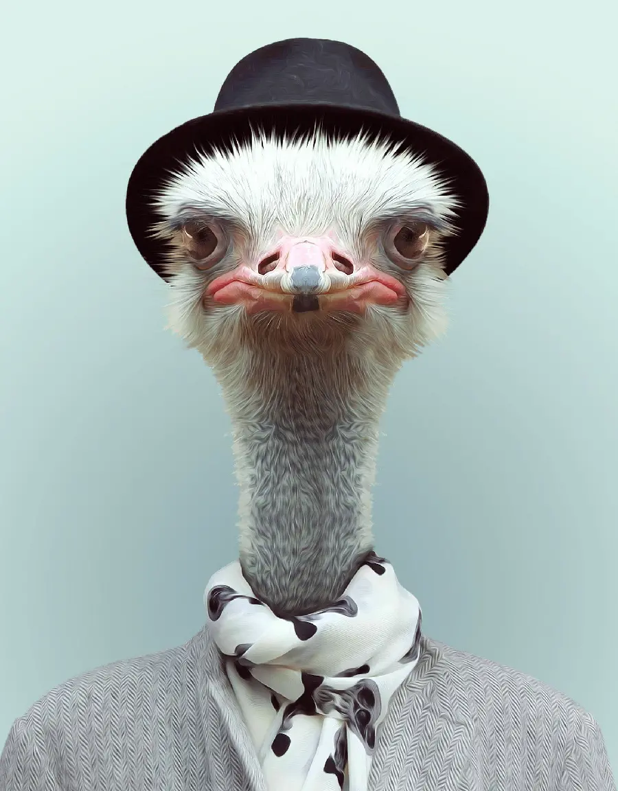 Anime wallpaper of an ostrich wearing clothes and a hat