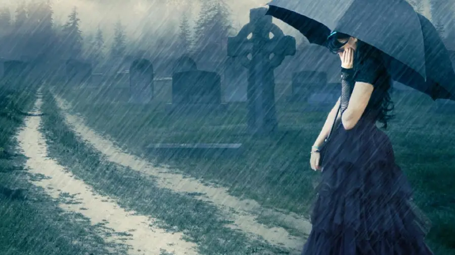 Sad cartoon photo of a girl in the rain with an umbrella 8K
