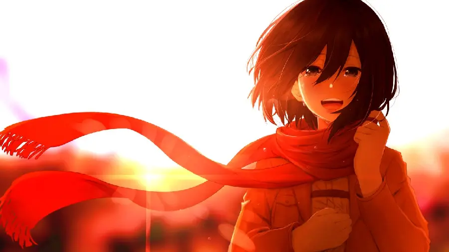 Dreamy Mikasa Ackerman Background in Attack on Titan with Red Theme