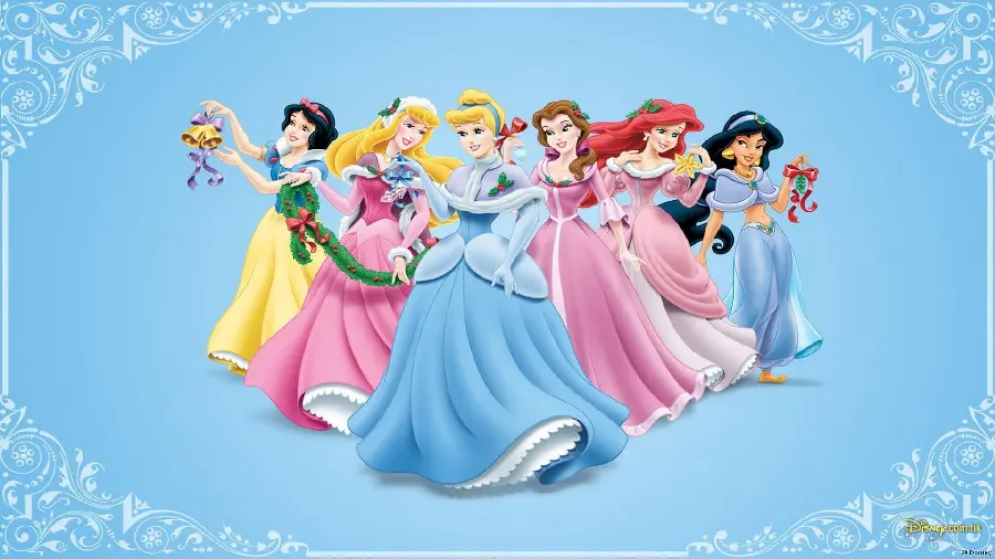 Sky blue tablet background with graphic design of princess girls