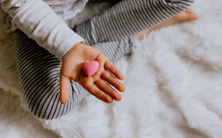 New photo of pink heart on hand to make a photo caption 