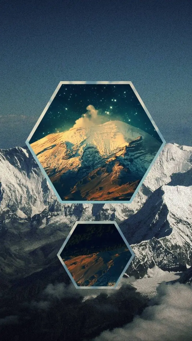 Download magnificent background 2 hexagons with images of snowy mountains for Android phone