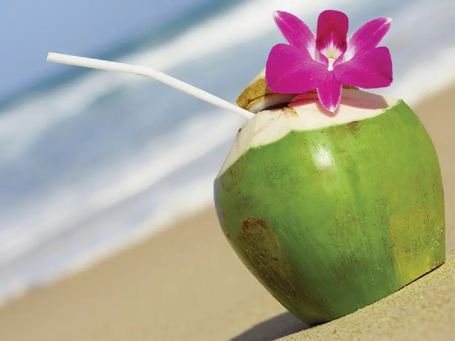 A masterpiece background of a cool summer drink in a green coconut shell with HD quality