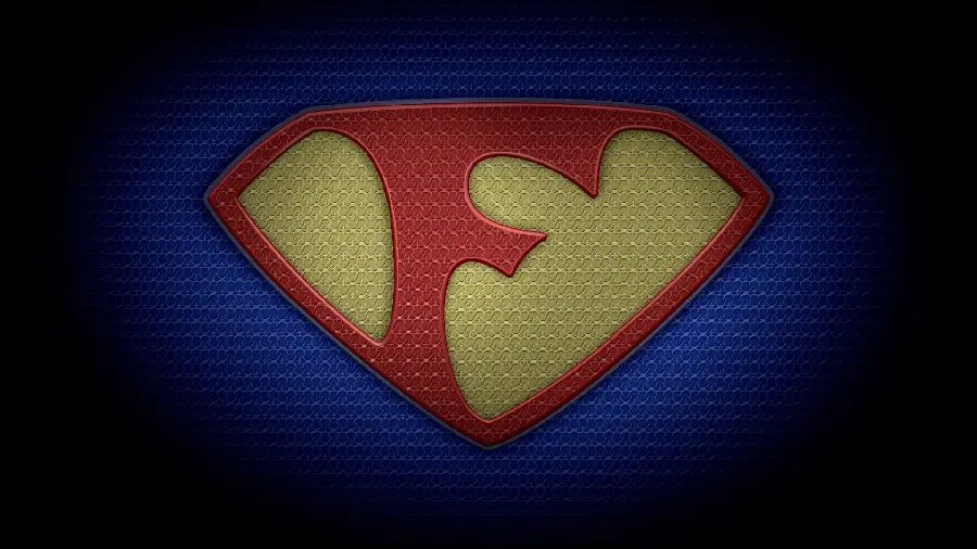A memorable stock photo of a yellow F shield with red outlines on a blue and black background