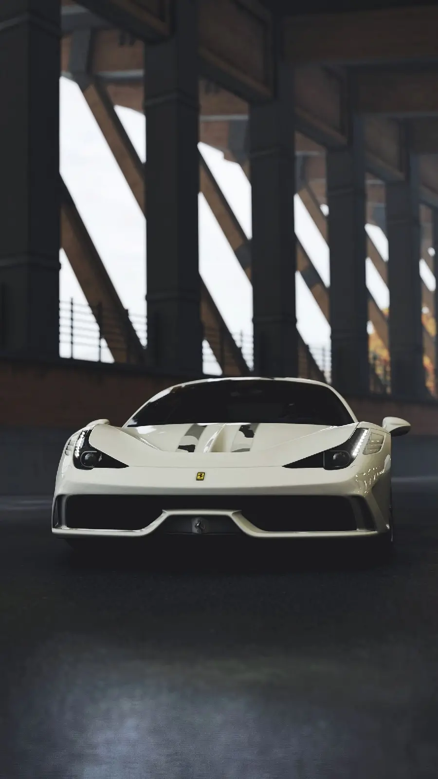 Unique HD Poster of a White Ferrari in Parking Lot with Four Pillars on a Black Background