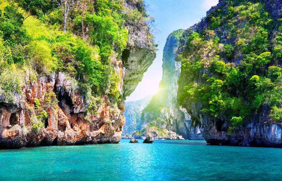 A special and exceptional Apple phone wallpaper of the ocean and the groove between two mountains with its bright green vegetation