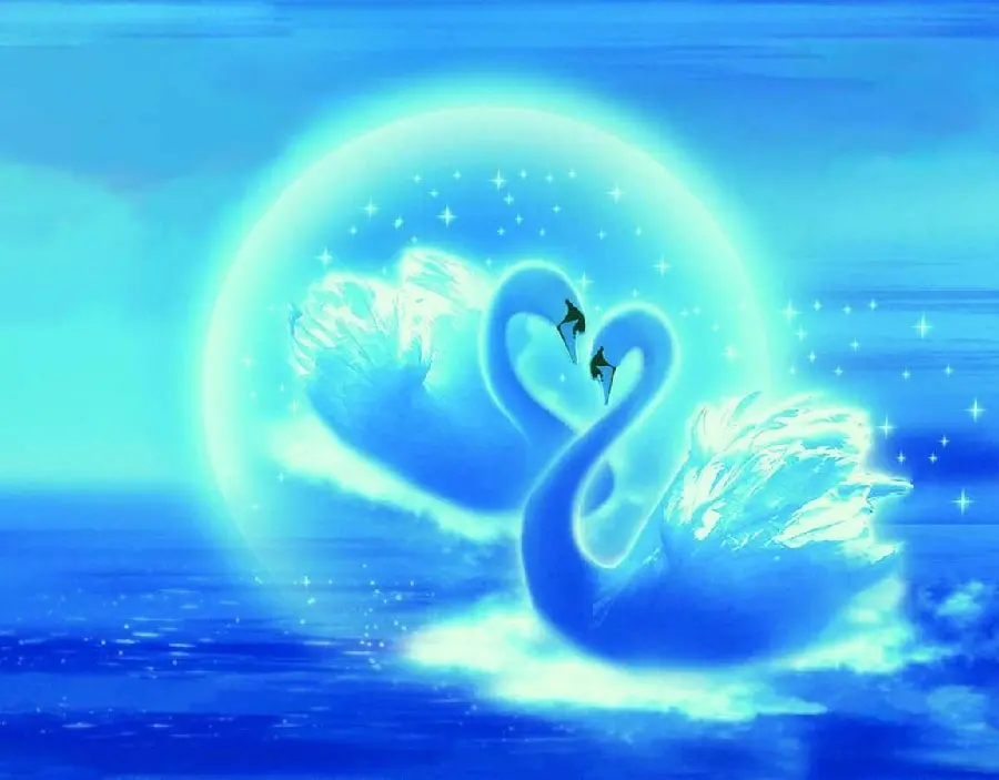A romantic and masterpiece digital photo of swans in love with a bright blue theme for your Telegram and WhatsApp profile 