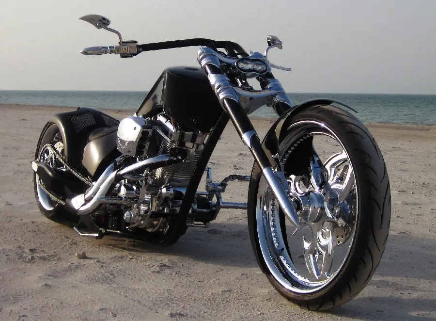 Enjoyable poster of a new and heavy custom motorcycle by the sea