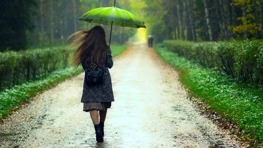 Sad Artistic View of Girl Under the Rain with Umbrella with Overall Green Theme