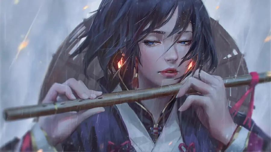 Anime stock photo of a girl playing flute with black hair and a straw hat in the rain anime in high quality HD