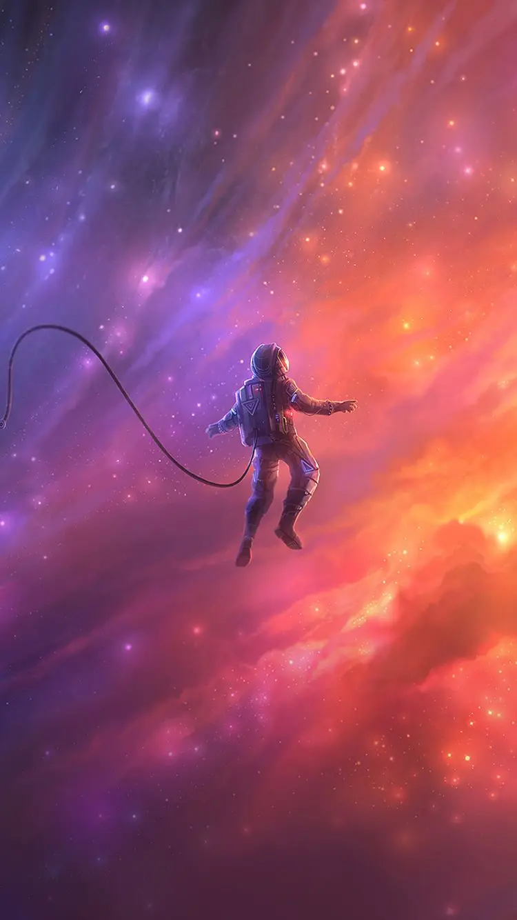 A magical and colorful wallpaper of an astronaut floating in the amazing galaxy for Samsung