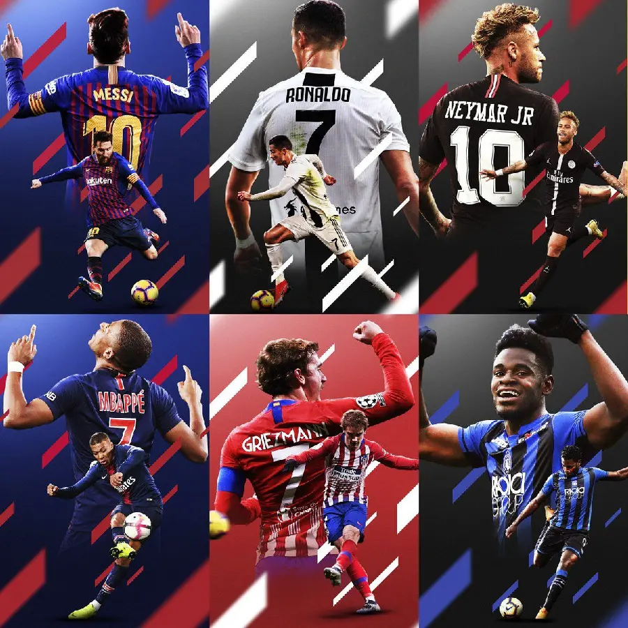 Combined image of Neymar and Mbappe and Messi and Ronaldo and 2 other players of the Paris Saint-Germain team