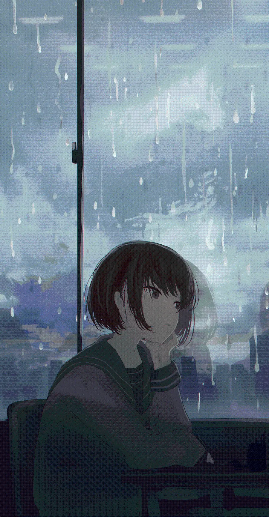 Anime stock image of a girl with a longing and a hand under her chin next to a glass window in the rain anime