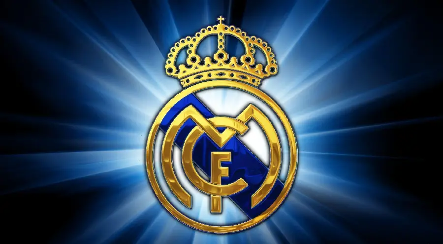 Download the illuminated background image of the Real Madrid team logo among the rays of blue light