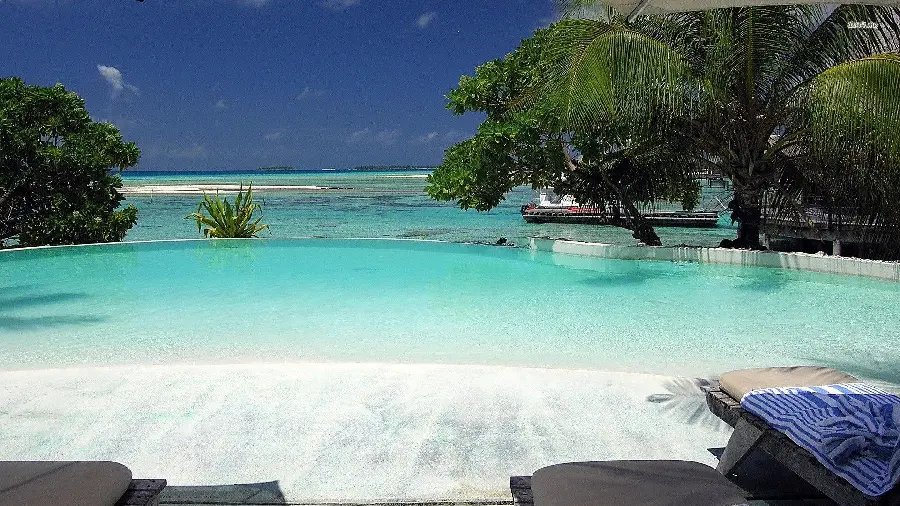 Stock image of the exterior of a beach house and a sunny villa with a pool and large trees