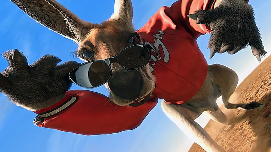 The latest cute picture of a mischievous kangaroo in a red dress and smokey glasses