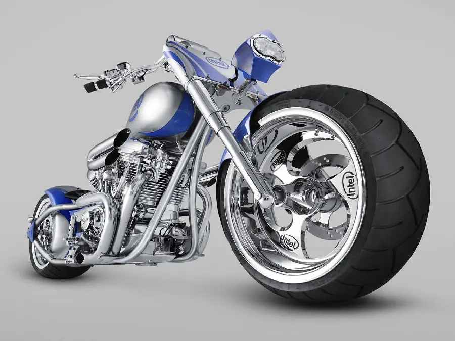 A spectacular laptop wallpaper of a new and heavy custom motorcycle with blue intel with HD quality