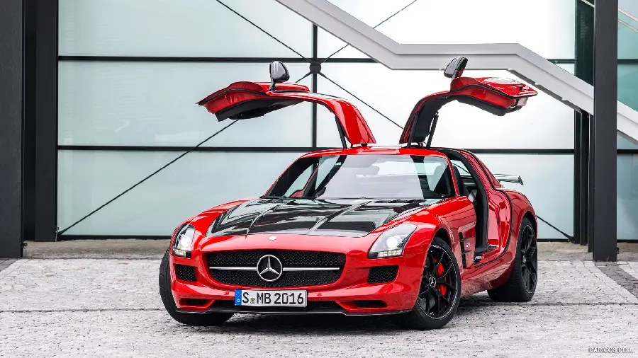 Awesome image of a red Mercedes-Benz with butterfly doors