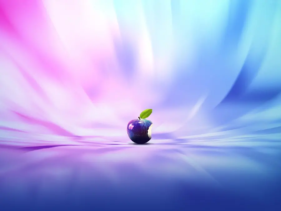 Stylish fantasy image of a bitten apple in eggplant color on a background with cool pink green colors