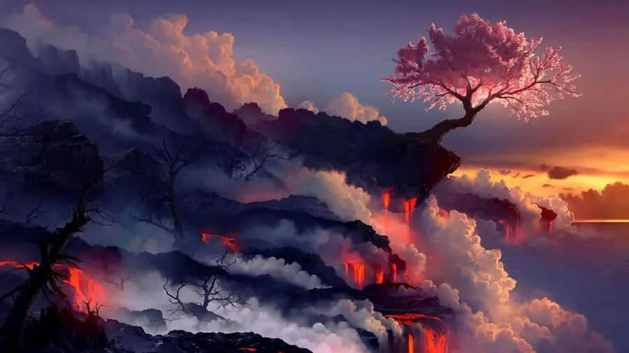 Impressive profile photo of a pink blooming tree view in a cloudy sunset sky