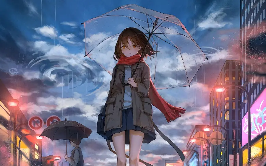 Download anime image of a suffering girl wearing a red rain scarf with a transparent umbrella in the rain anime