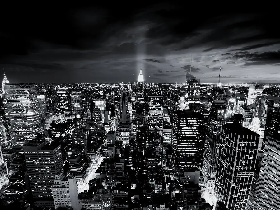Impressive wallpaper of the big city in the dark of the night with a black and white theme for the computer 