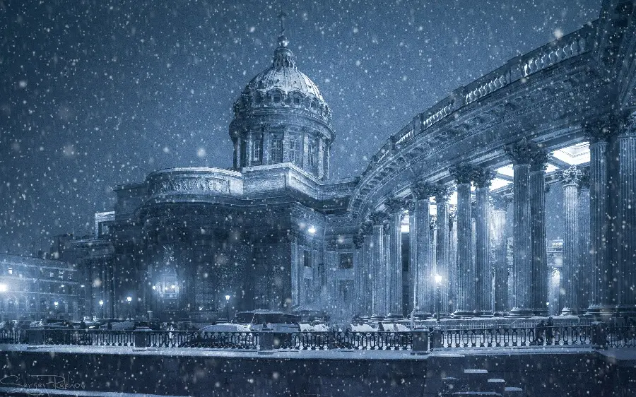 A black and white and historical photo of the Kazan Church in St. Petersburg, Russia