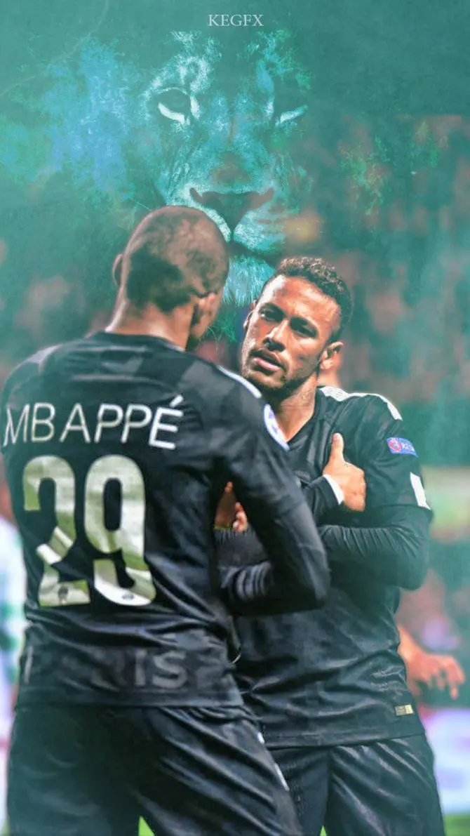 The most special poster of Neymar and Mbappe with a hand gesture on their chest and a picture of a lion behind them