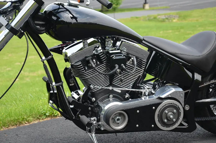 Download poster of a new and heavy custom motorcycle from a very close view