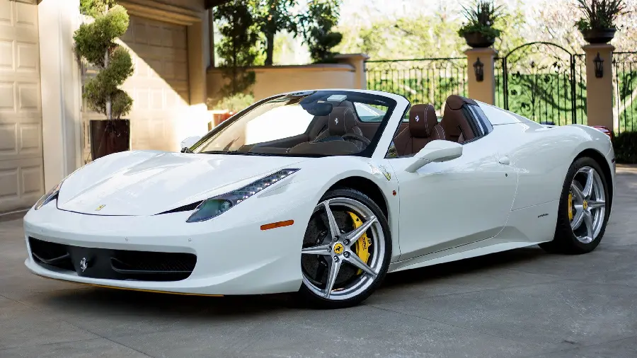 Photo of white car and attractive and cool model Ferrari 458 2022