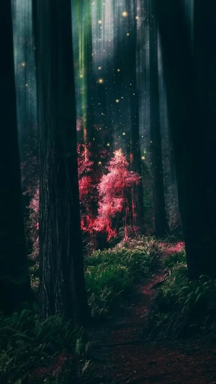 Unique graphic image of pink tree in the heart of green forest 