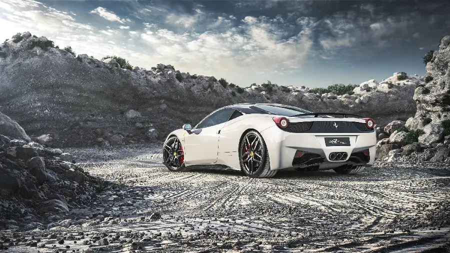 A spectacular profile photo of the high capabilities of a white Ferrari on difficult roads