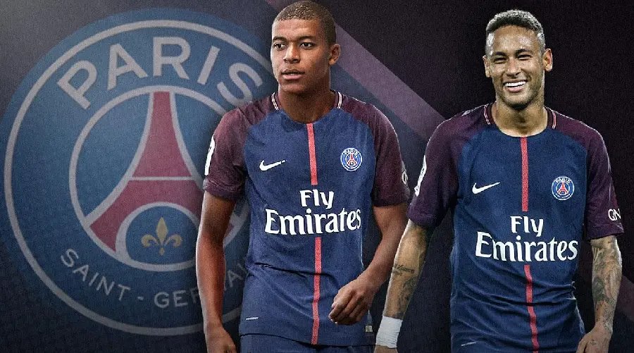 Download a very beautiful stock photo of Neymar and Mbappe together next to the Paris Saint-Germain logo