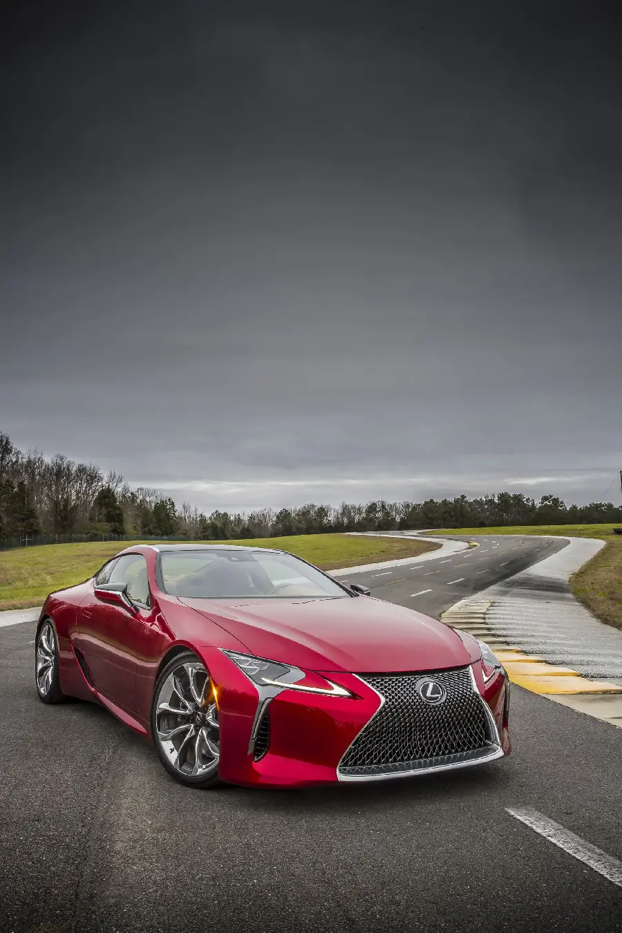 Most viewed poster of red Lexus LC 500 in high quality on green street